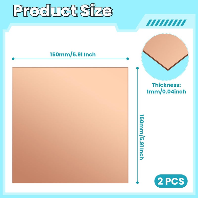 QIMAOO Copper Sheet, 2 Pieces of Copper Plates 6"×6"-18 Gauge(1mm) Thickness, 99% Pure Copper Sheets for Metal Crafts, Jewelry Making, DIY, Jewelry - Image 2